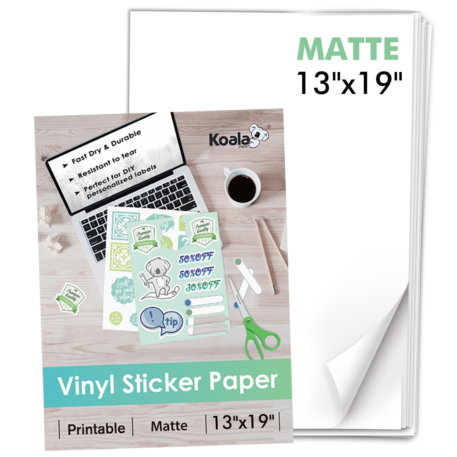 Koala Printable Vinyl Sticker Paper 13x19 Waterproof Matte Inkjet Laser 30PK