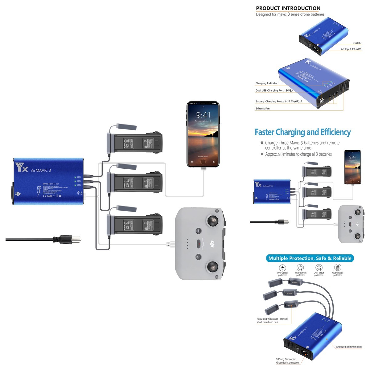 Hanatora Parallel Charger DJI Mavic 3/Cine/Classic/Pro/Enterprise Battery,Rapid