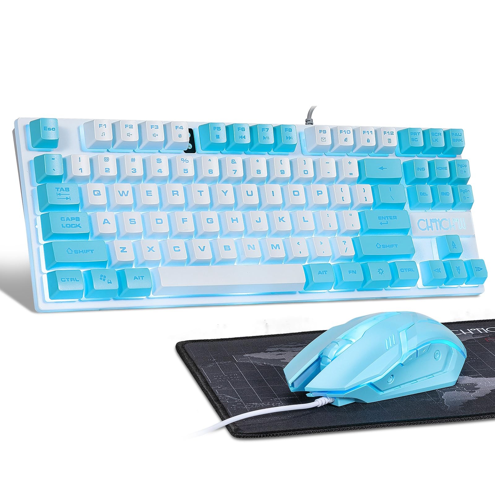 CHONCHOW Blue Keyboard and Mouse Combo, 87 Keys TKL USB Wired LED Light Up Ba...