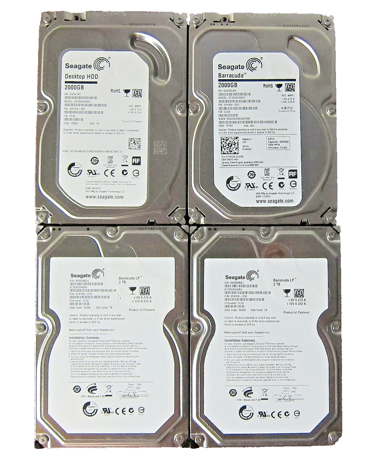 Lot of 4pcs Genuine Seagate 2TB 3.5" SATA Hard Drives