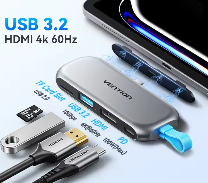 4 in 1 Portable USB 3.2 Gen2 4K@60Hz HDMI HUB PD 100W Charging Adapter Docking