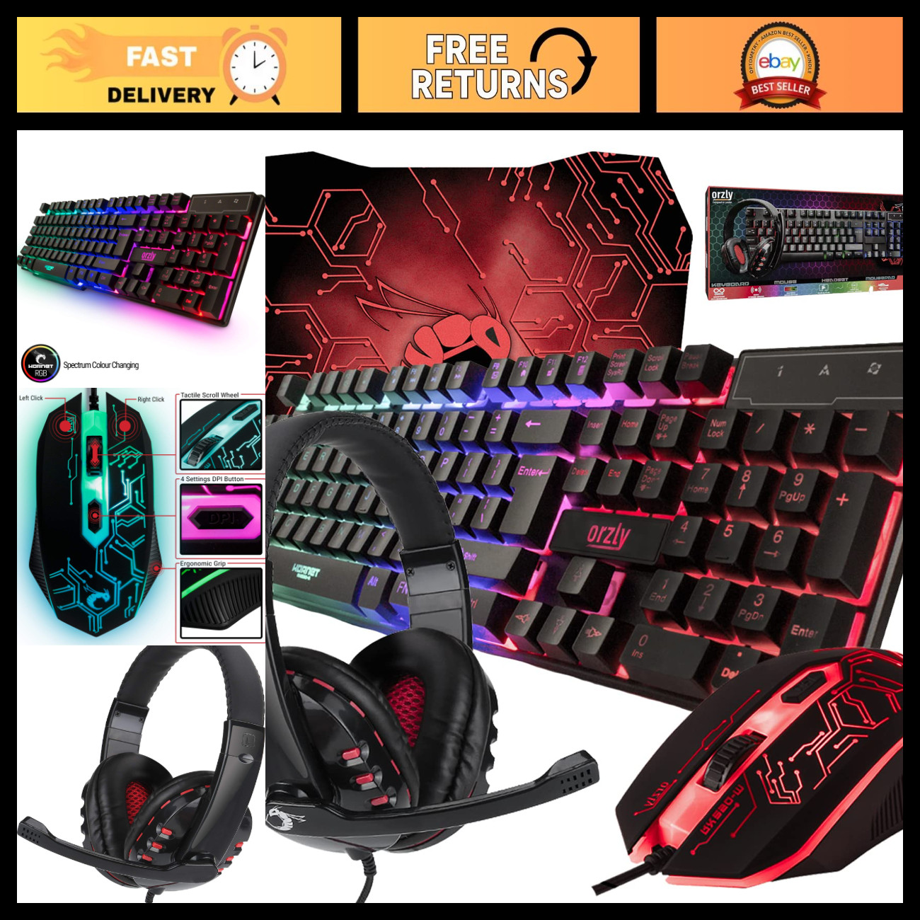 RGB Gaming Keyboard, Mouse, Mouse Pad & Headset Bundle - Wired 4-in-1 Set for PC
