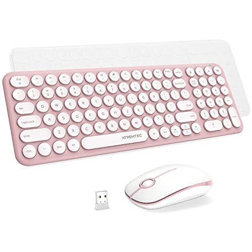 Wireless Keyboard and Mouse Combo Cute Compact Keyboard Pink Retro Round Keyc...