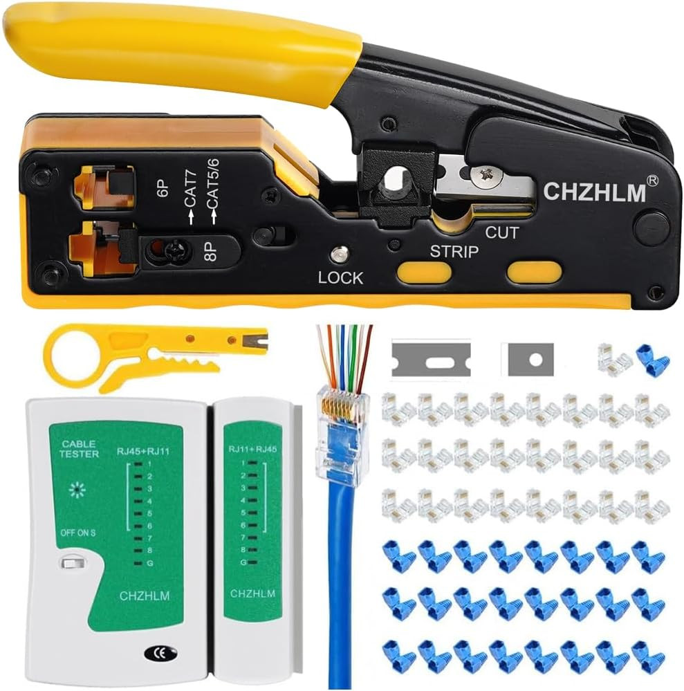 Rj45 Crimp Tool Pass through Ethernet Crimping Tool Kit for 8P-Cat7 Cat6 Cat5