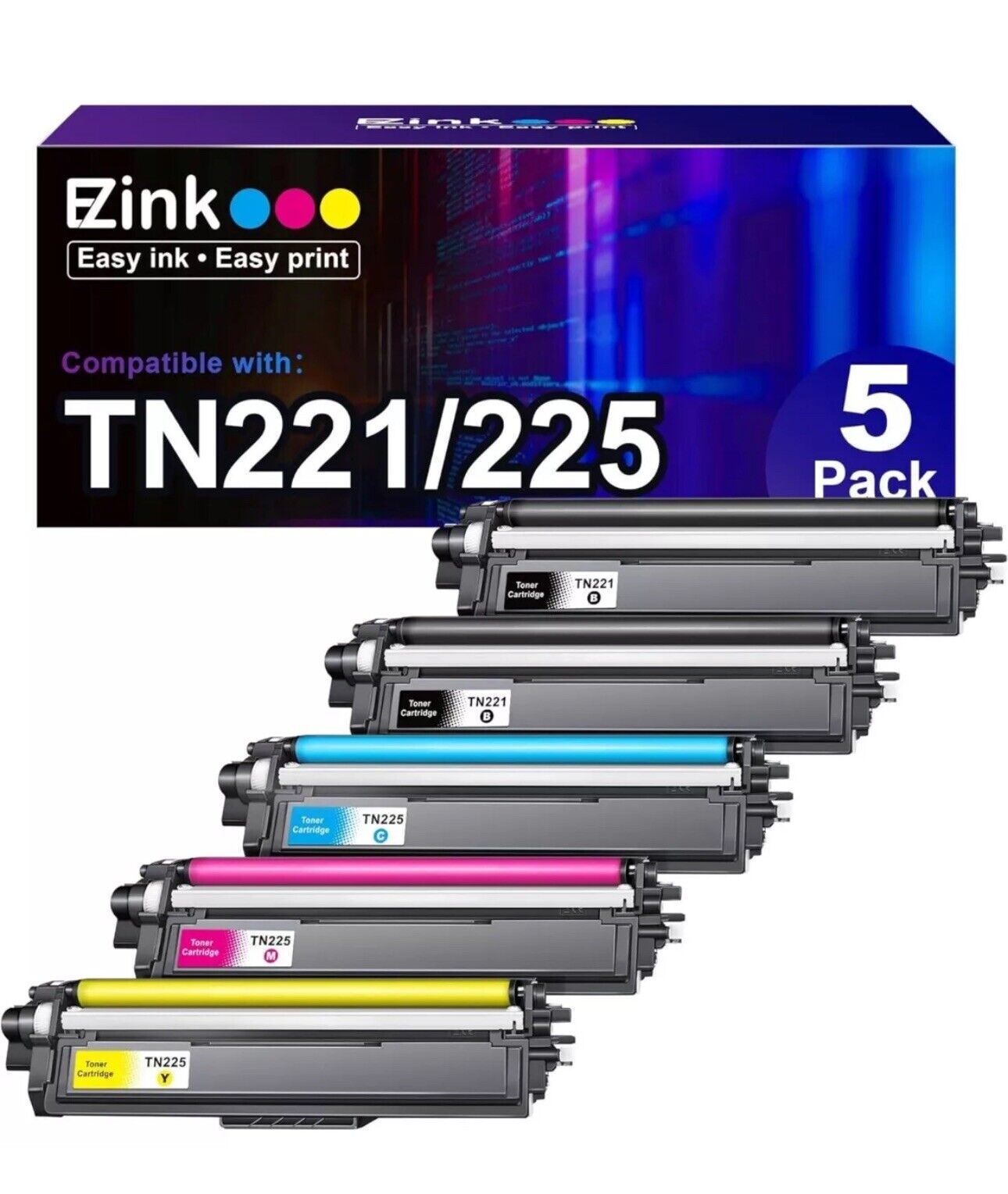 EZink Premium Toner Cartridge TN225 TN221 5 Pack (2) Black, Magenta, Yellow Cyan