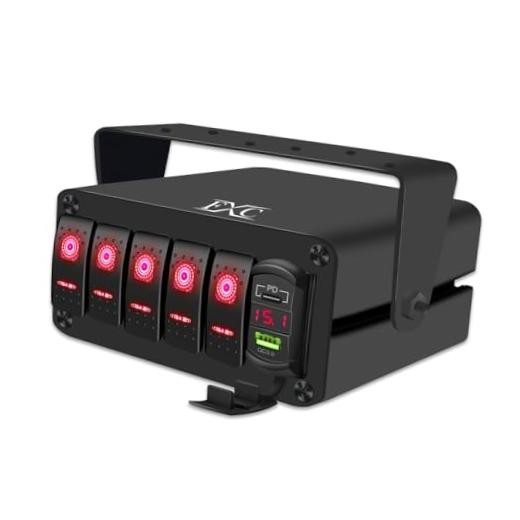 5 Gang Aluminum Rocker Switch Panel Red Backlit with PD Type C and 5 Gang Red