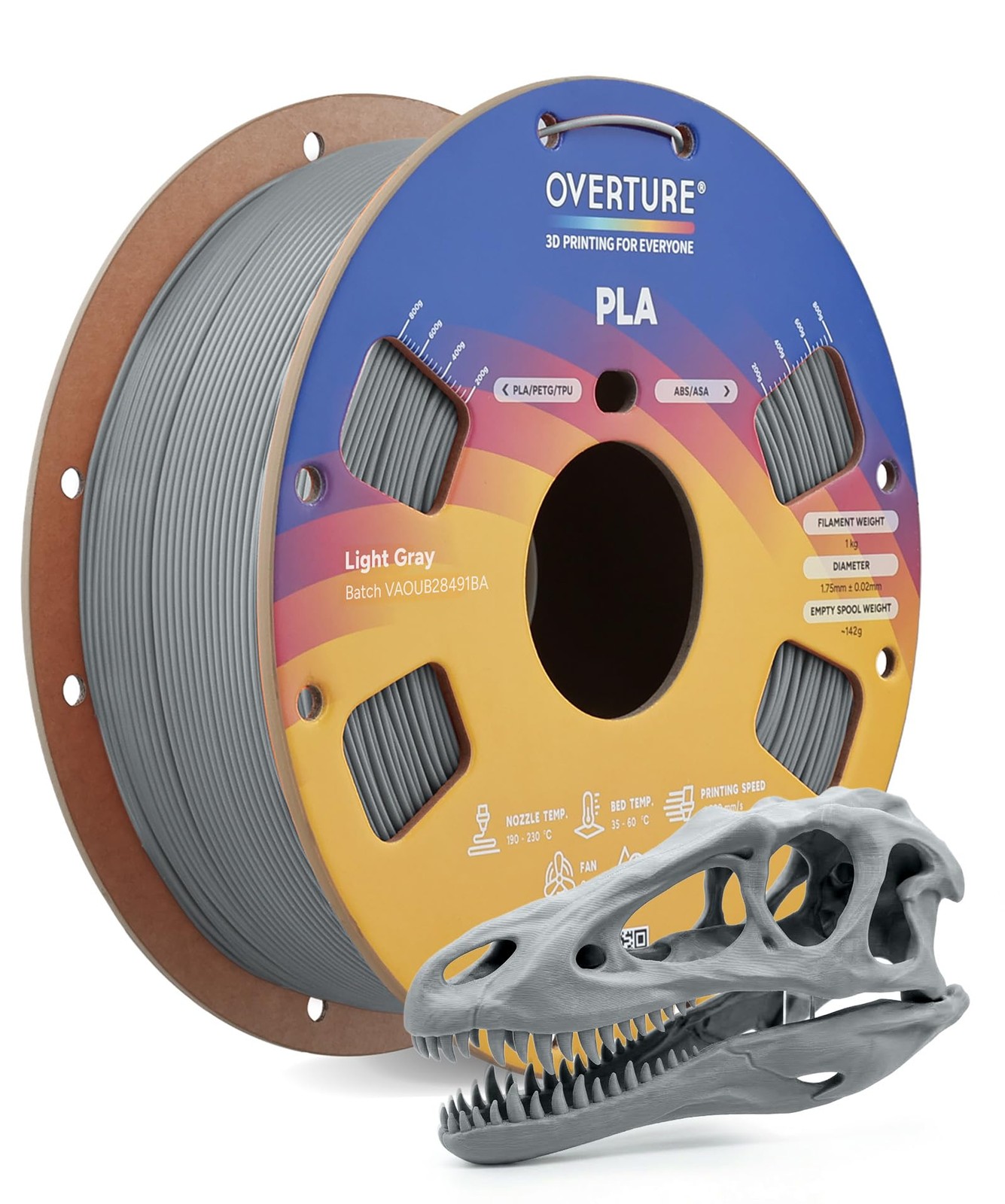 OVERTURE PLA Filament 1.75mm 3D Printer Filament,1kg 1KG, Light Gray 1-pack