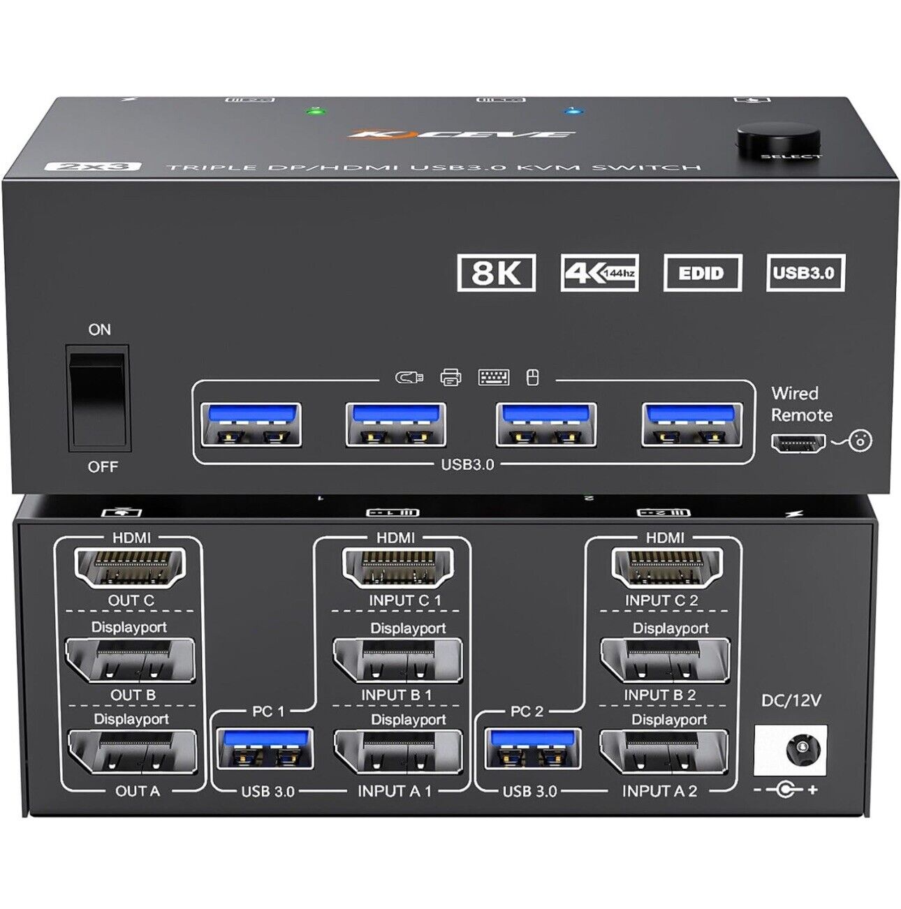 KVM Switch 3 Monitors 2 Computers 8K@60Hz 4K@144Hz, HDMI+2 Displayport KVM 5 Cab