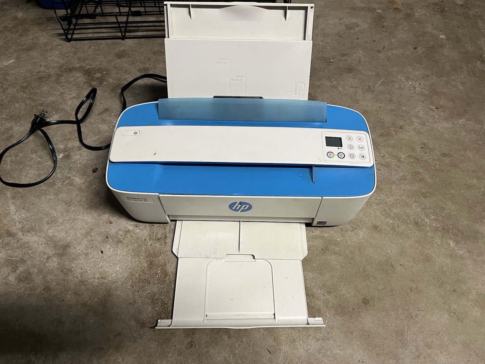 HP DeskJet 3755 compact wireless all-in-one inkjet printer in blue and white.