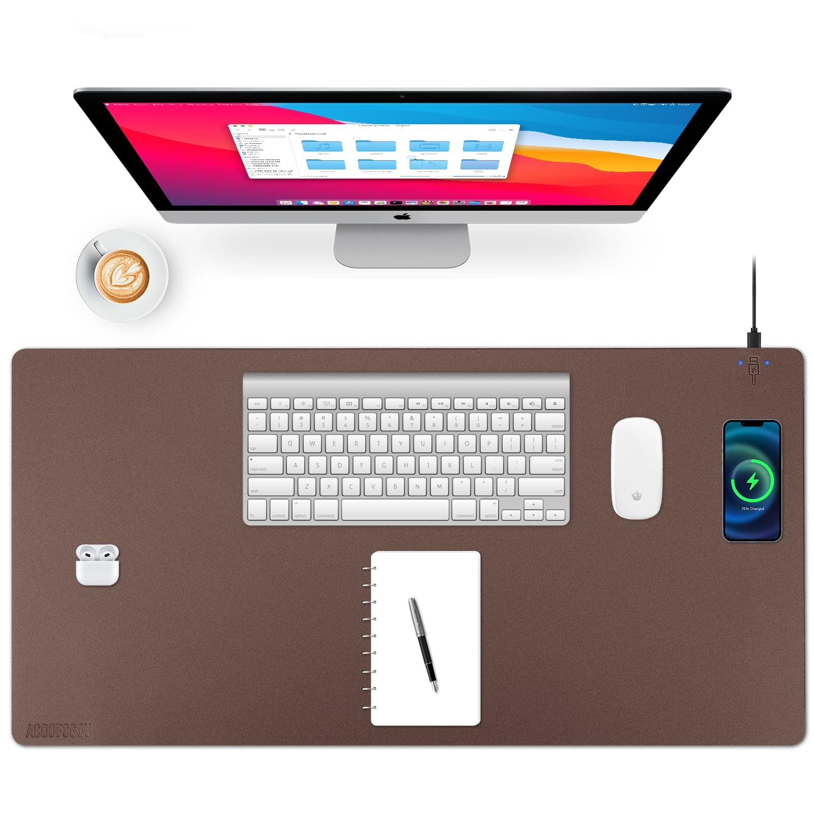 ACOOFCGOU Wireless Charging Desk Mat, Mouse Pad, Brown-R, 36x17 Inch 001
