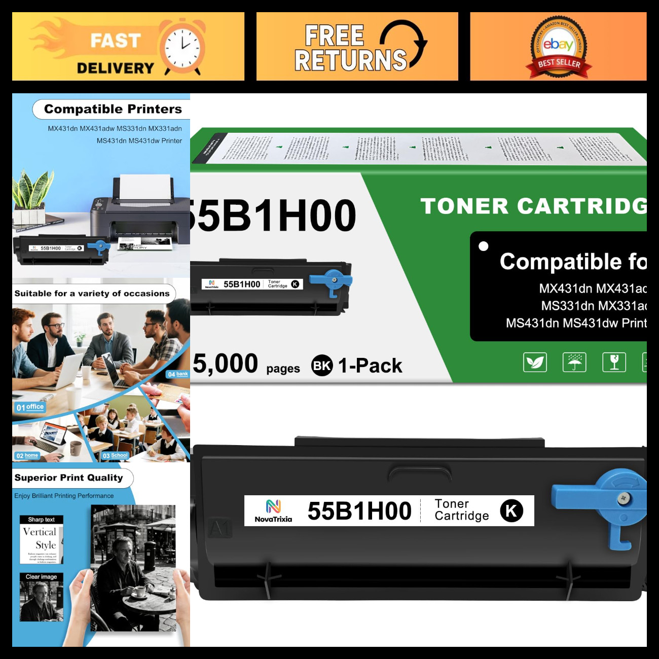 High Yield Black Toner Cartridge 15,000 Pages, Compatible for 55B1H00, 1-Pack