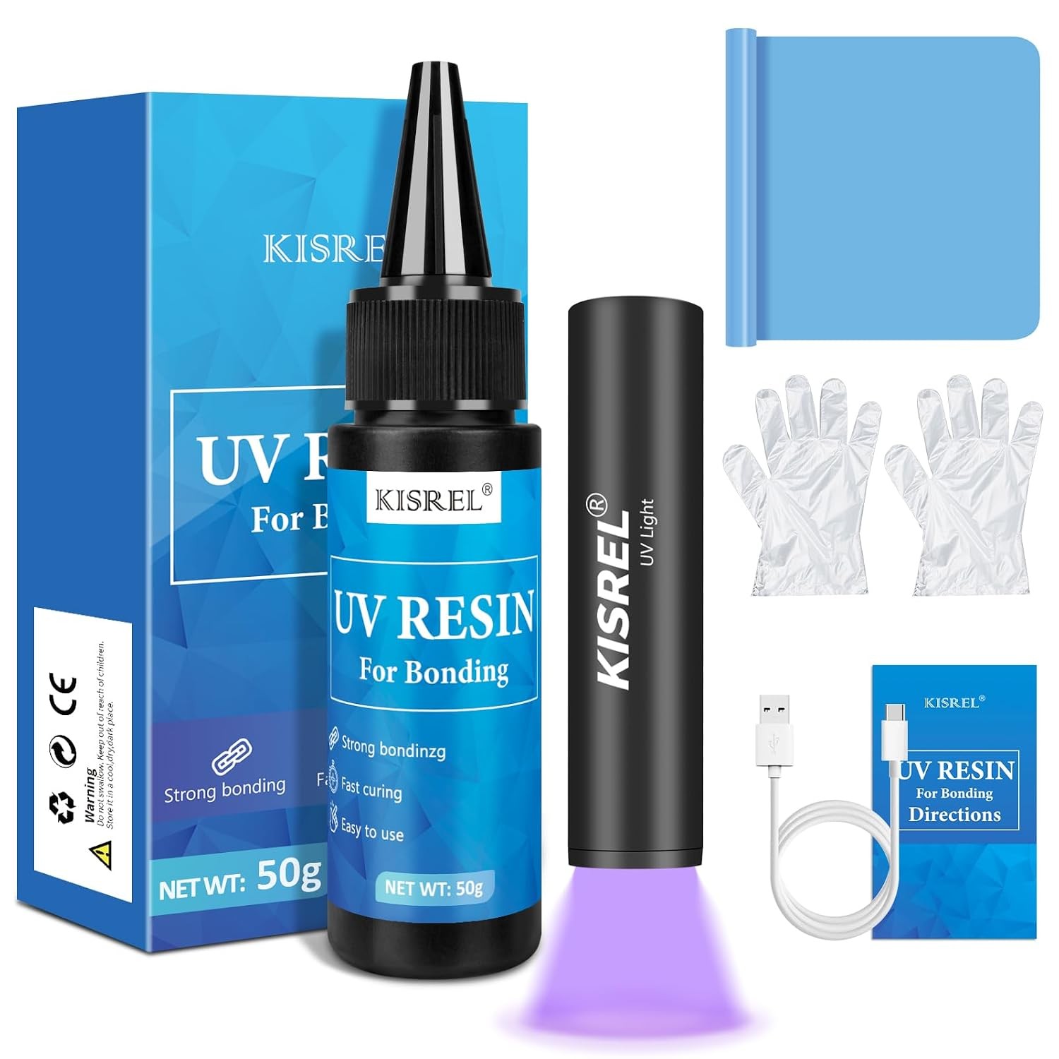 KISREL 50g UV Resin Kit with Light, Fast Curing & Bonding in Seconds, 50g UV Res