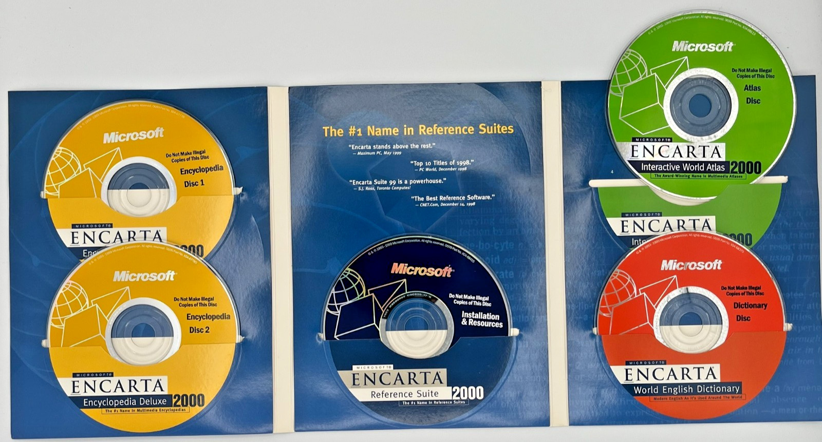Microsoft Encarta Reference Suite 2000 TESTED Complete 5 Disc Set CD-ROM Vintage