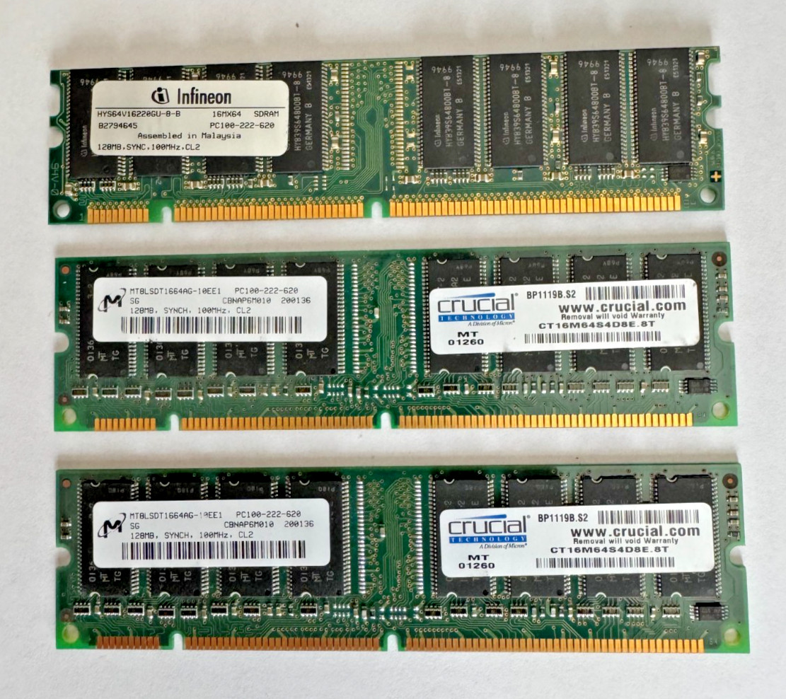 Lot of 3 MT CRUCIAL Infineon 128mb PC100-222-620 Ram