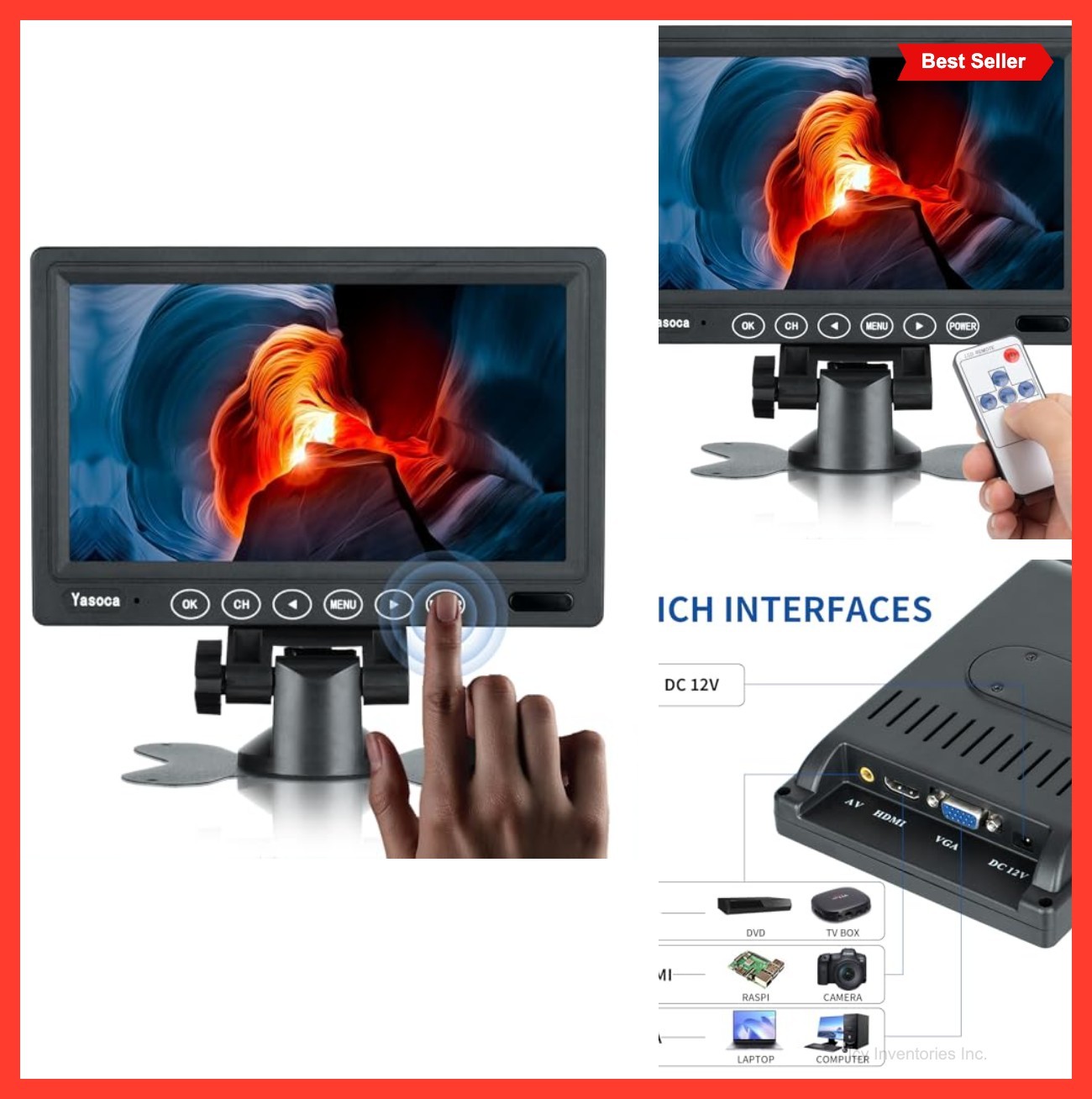 7 Inch Small HDMI Monitor 1024x600 IPS Portable 1080P VGA with Speakers Remote