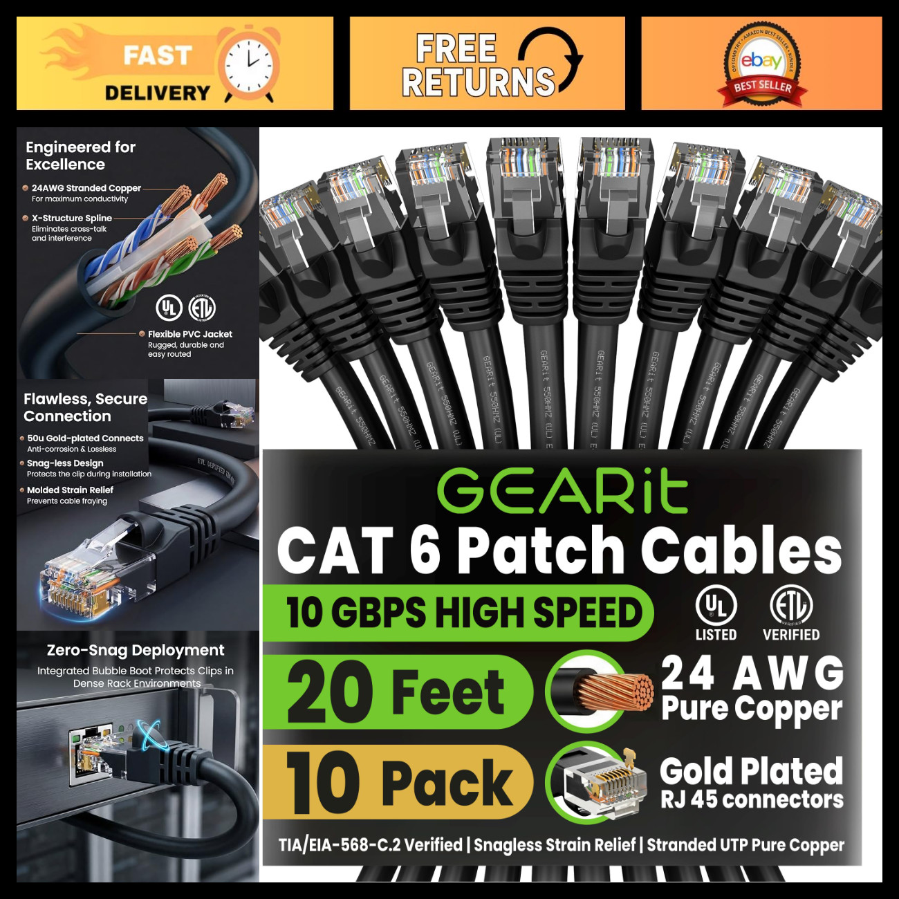 20ft Cat6 Ethernet Patch Cable - 10-Pack, High-Speed Network Cable, Black