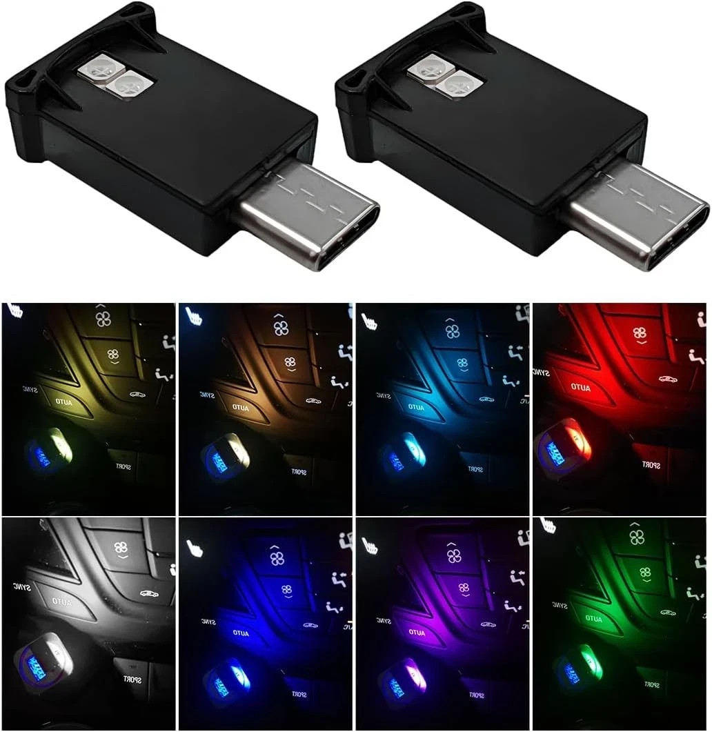 2PCS USB-C LED Car Ambient Lights, 8-Color RGB Night Lamp with Adjustable Bright