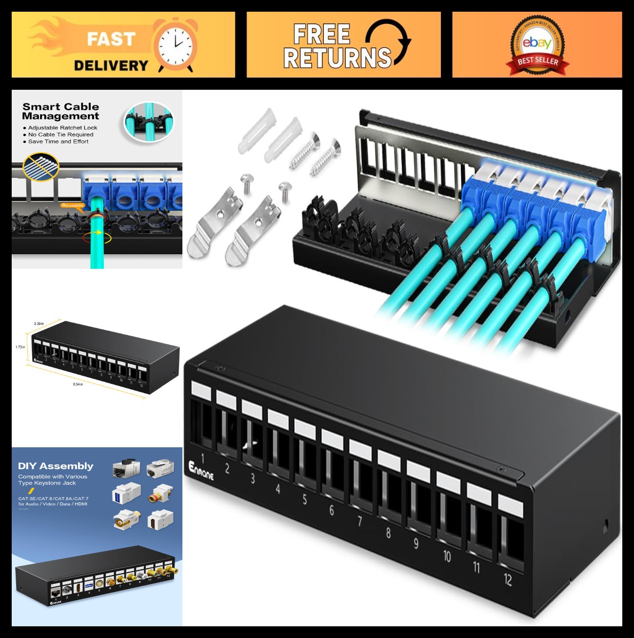 12-Port Blank Keystone Patch Panel - STP/UTP Compatible, Desk & Wall Mount, LC/S