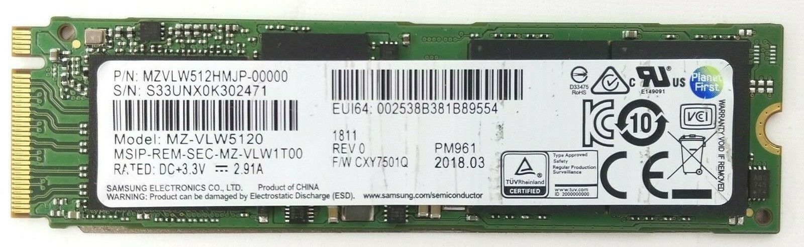 Samsung PM961 Polaris 512GB M.2 NGFF PCIe Gen3 x4 (MZVLW512HMJP-00000)