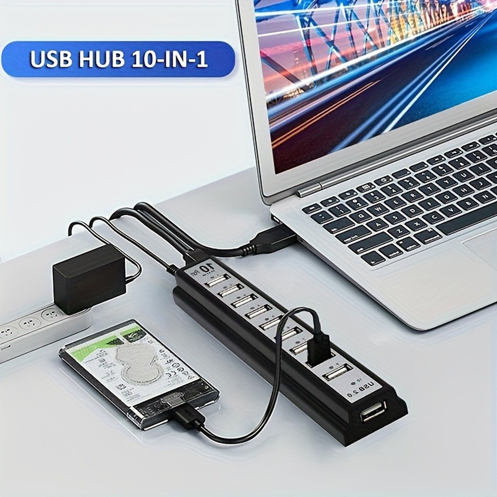 1x High Speed Portable 10-Port USB Charging Data Hub Compatible with USB Devices