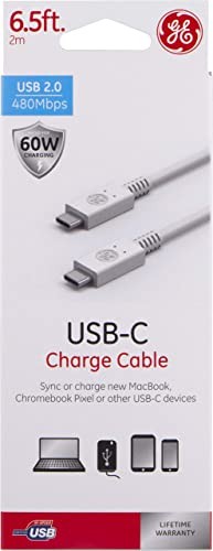 GE 40090 6.5 ft. USB Type C Cable, USB-C to USB-C 60W Charging Cable