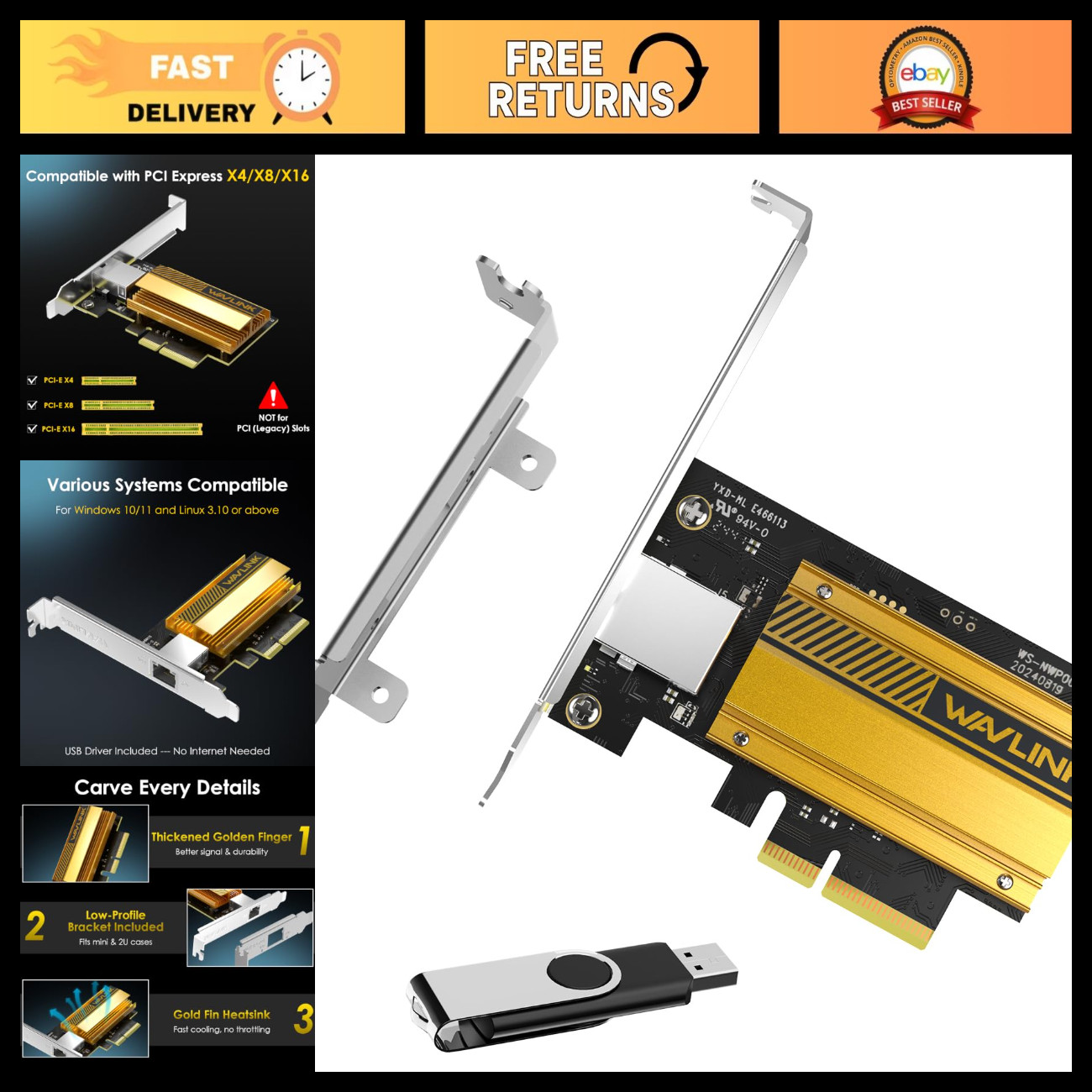 10G PCIe Network Adapter Card, RTL8127AT, Ethernet for Windows 11/10 & Linux, Lo