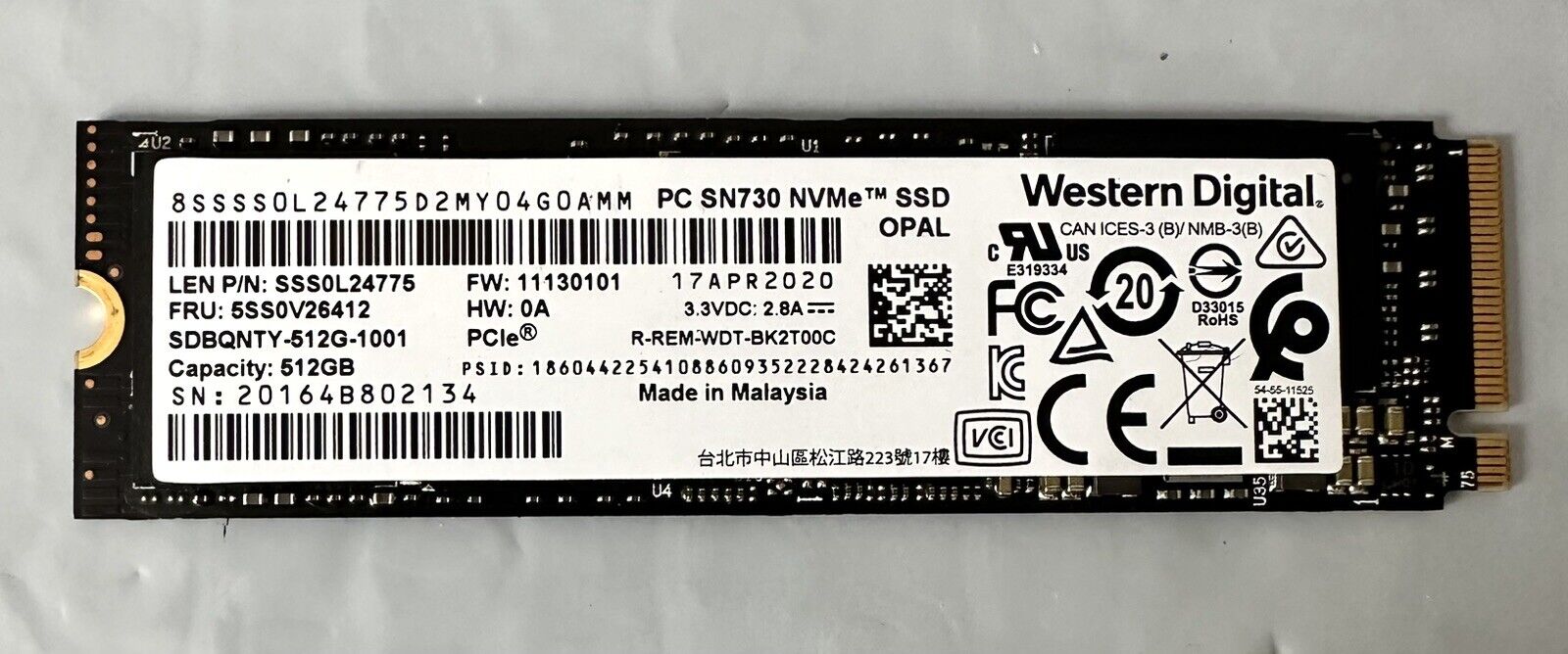 Western Digital 512GB M.2 80mm SATA SSD SN730 SDBQNTY-512G-1001