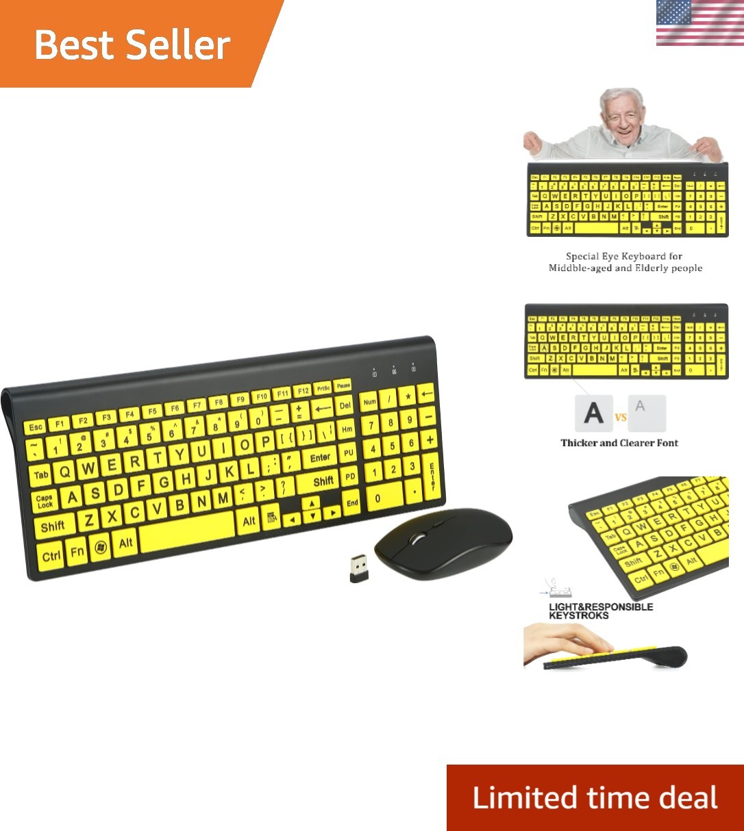 Full Size Large Print 2.4g Wireless Keyboard and Mouse with Oversized Print f...