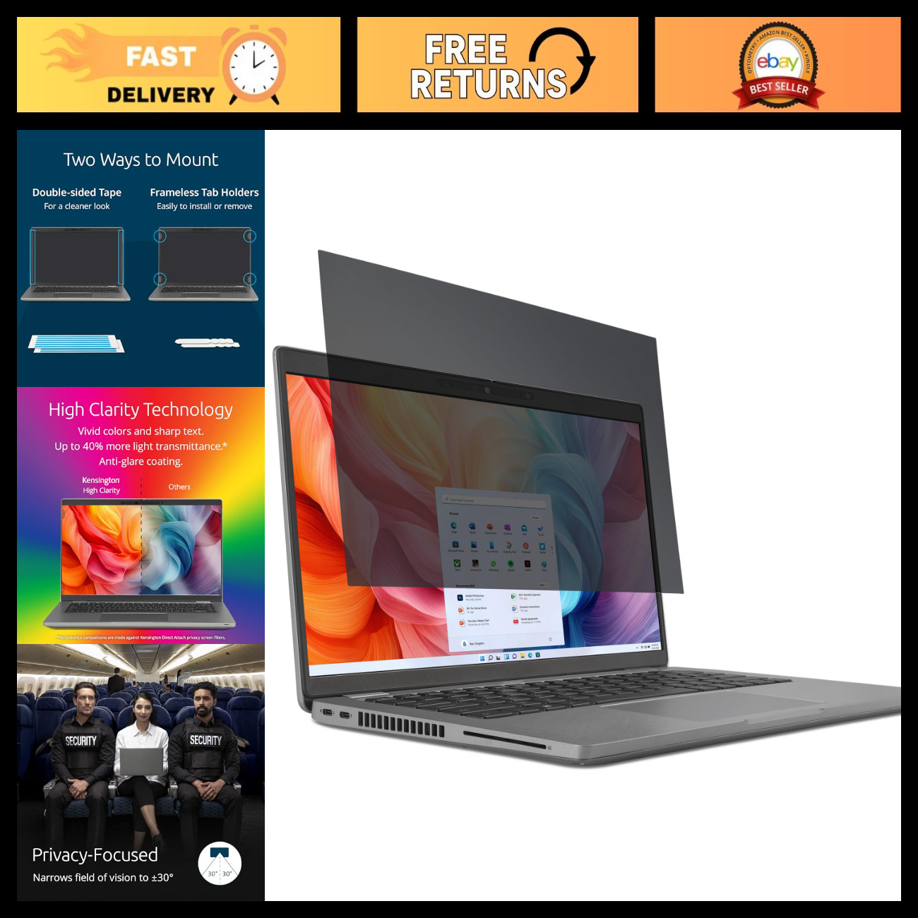 15.6" Laptop Privacy Screen Filter - Anti-Glare, Easy Install, 2H Hardness, Fits