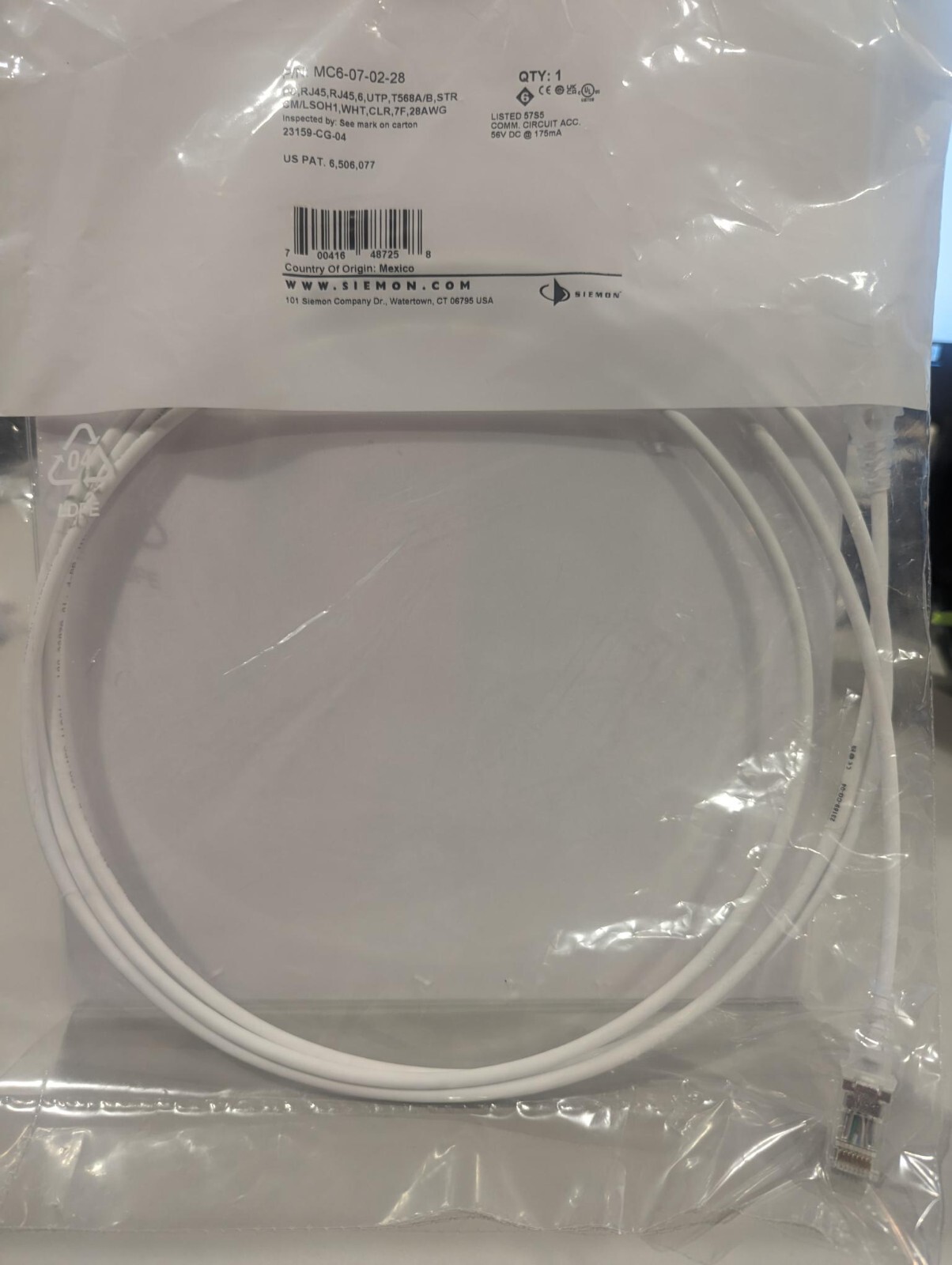 CASE CAT 5/6 CABLE MC6-07-02-28 / MC6070228 UTP PATCH CABLE CORD, RJ45 TO RJ45