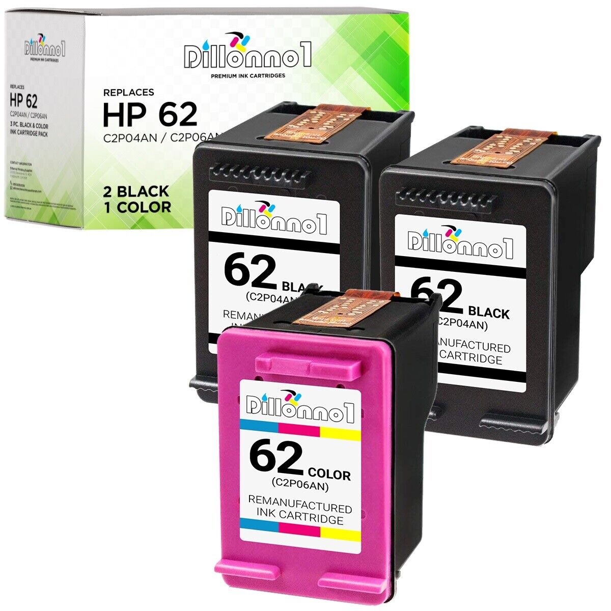3PK For Hp 62 (C2P04AN & C2P06AN) 2 Black + 1 Color Ink HP ENVY 5660 7640 7645