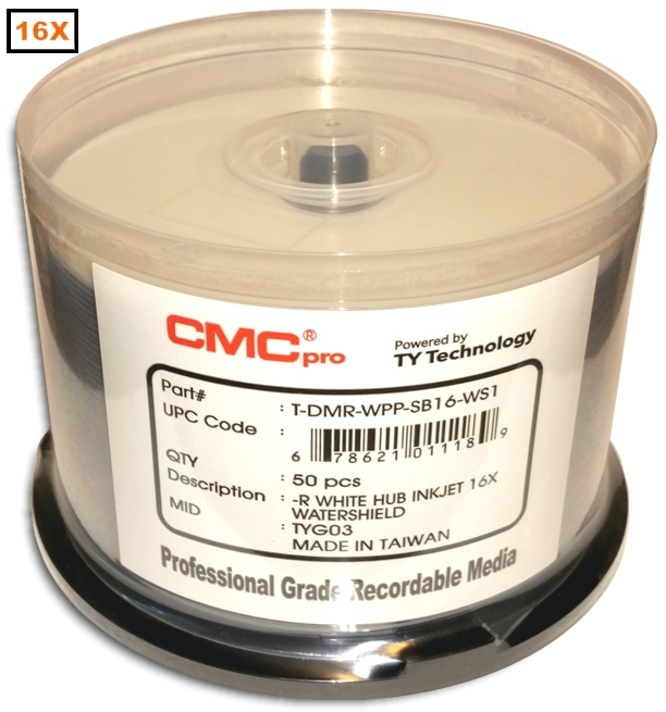 50-Pak CMC PRO (TY Technology) WATERSHIELD & GLOSSY White Inkjet Hub 16X DVD-Rs