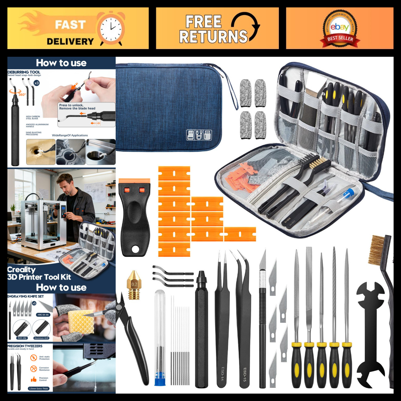 50-Piece 3D Printer Tool Kit - Essential Accessories for FDM/SLA Printers, Nozzl