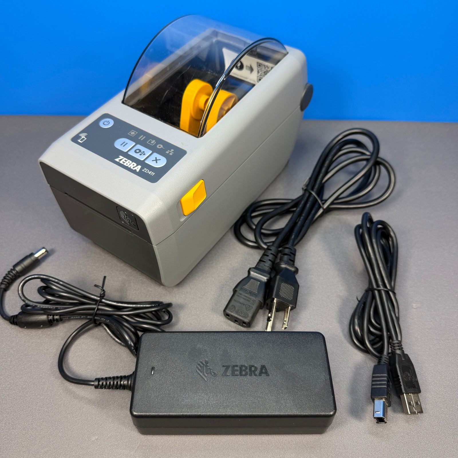 ZEBRA ZD411 DIRECT THERMAL PRINTER + CABLES LABEL BARCODE 203 DPI USB