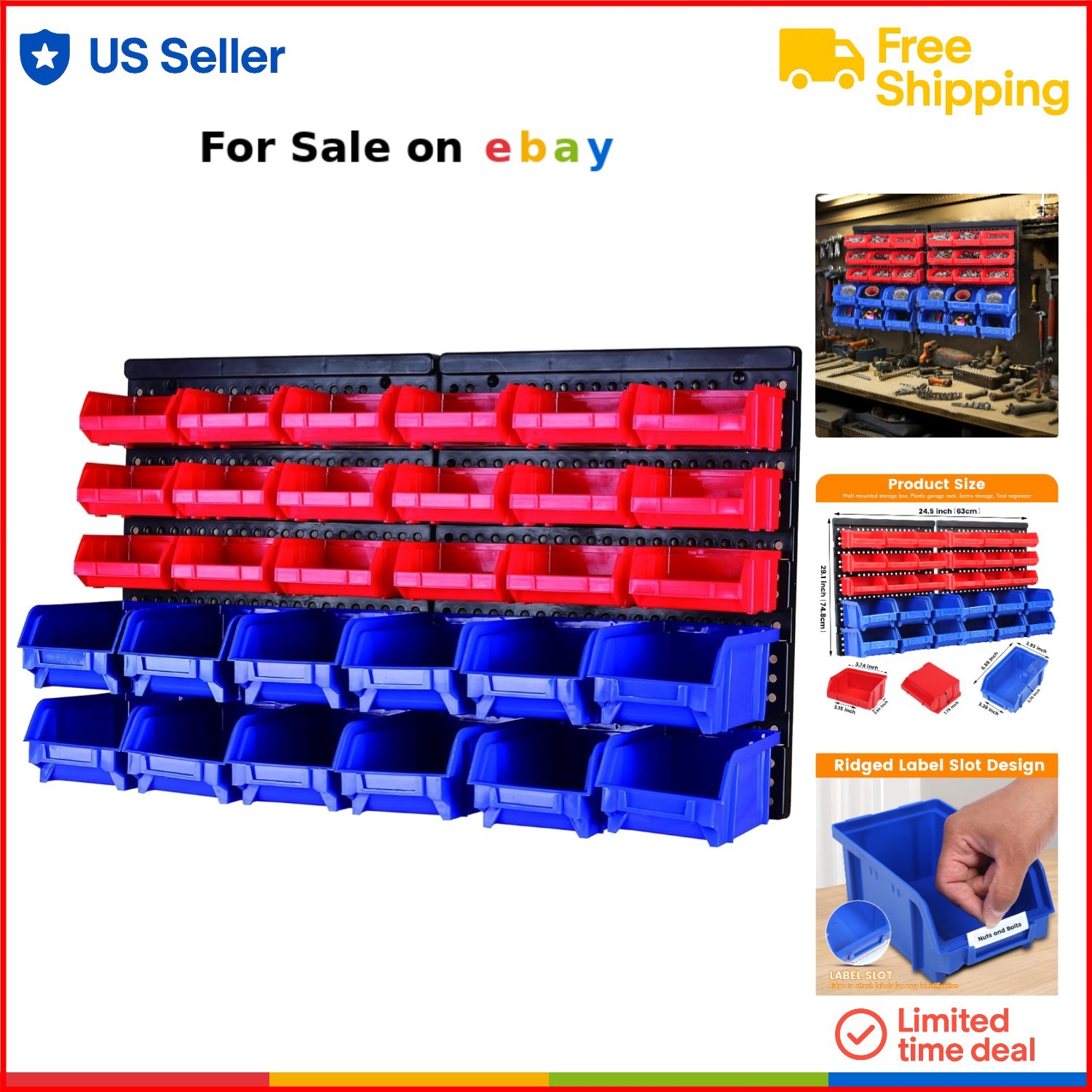 Wall Mount Parts Rack Plastic 30-Bin Storage Garage Workshop Small Parts