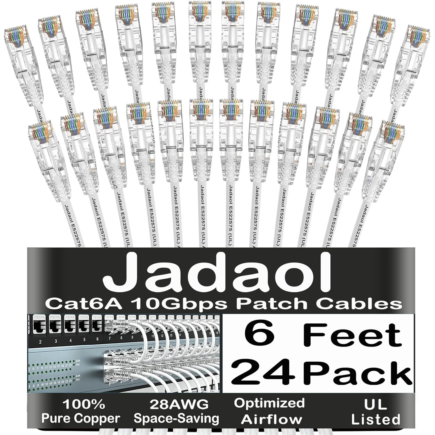 [UL Listed Cat6A Patch Cables 6FT (24Pack) 10Gbps 550Mhz White