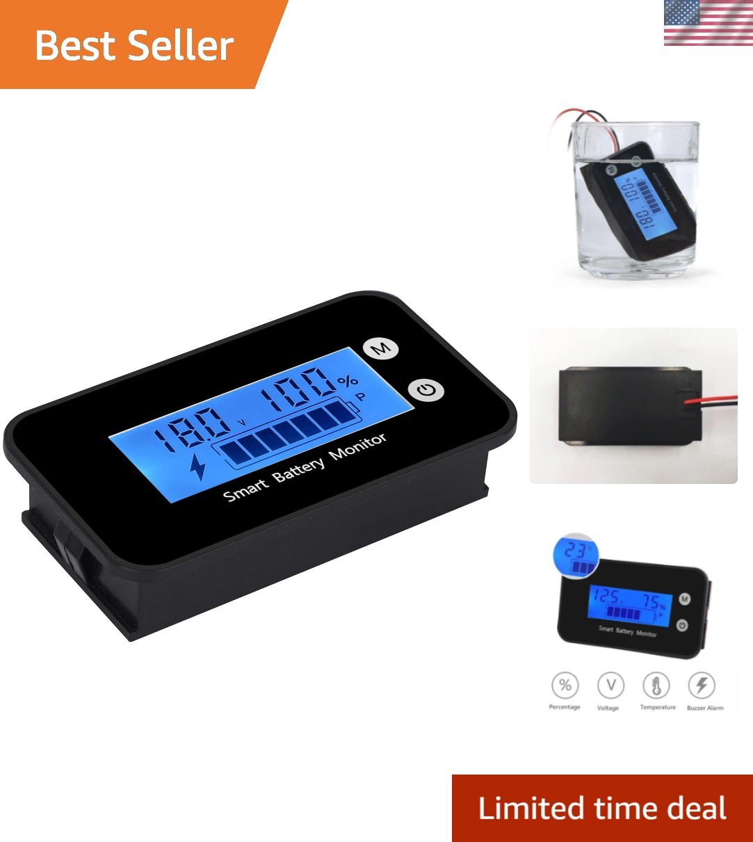 7-100V Waterproof Battery Monitor Blue LCD with Buzzer Alarm &Temp