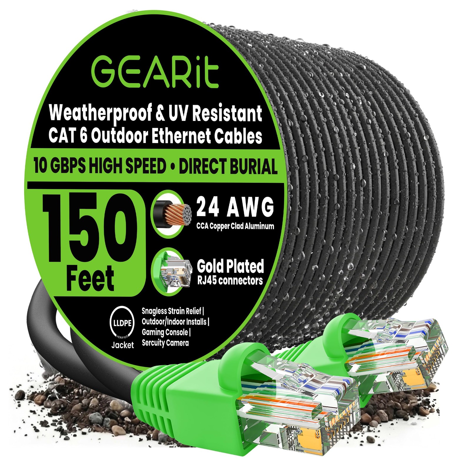 Cat6 Ethernet Cable 150ft Outdoor Direct Burial 24AWG Waterproof UVResistant