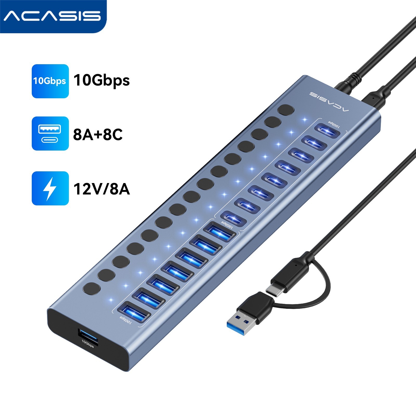 ACASIS Powered USB Hub 16-Port 10Gbps 8 USB-C 8 USB-A 96W Power