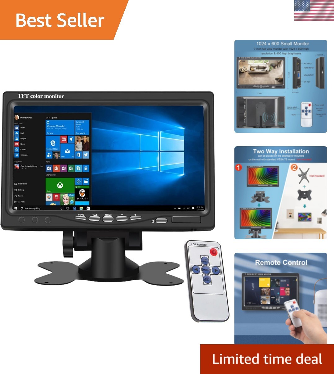High-Quality 7 Inch TFT Monitor - 1024x600 Resolution, HDMI & VGA Compatibility