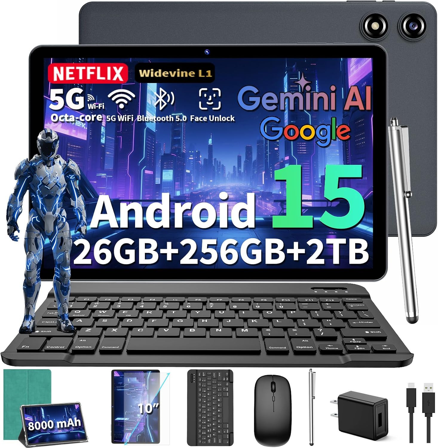 2026 10 Inch Tablet, Gemini AI Android 15 Tablet with Keyboard(Green Case)