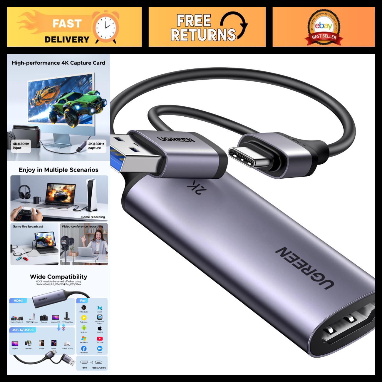 2K 30Hz Video Capture Card, 1080P 60FPS HDMI to USB 3.0, 4K Input, Streaming Dev
