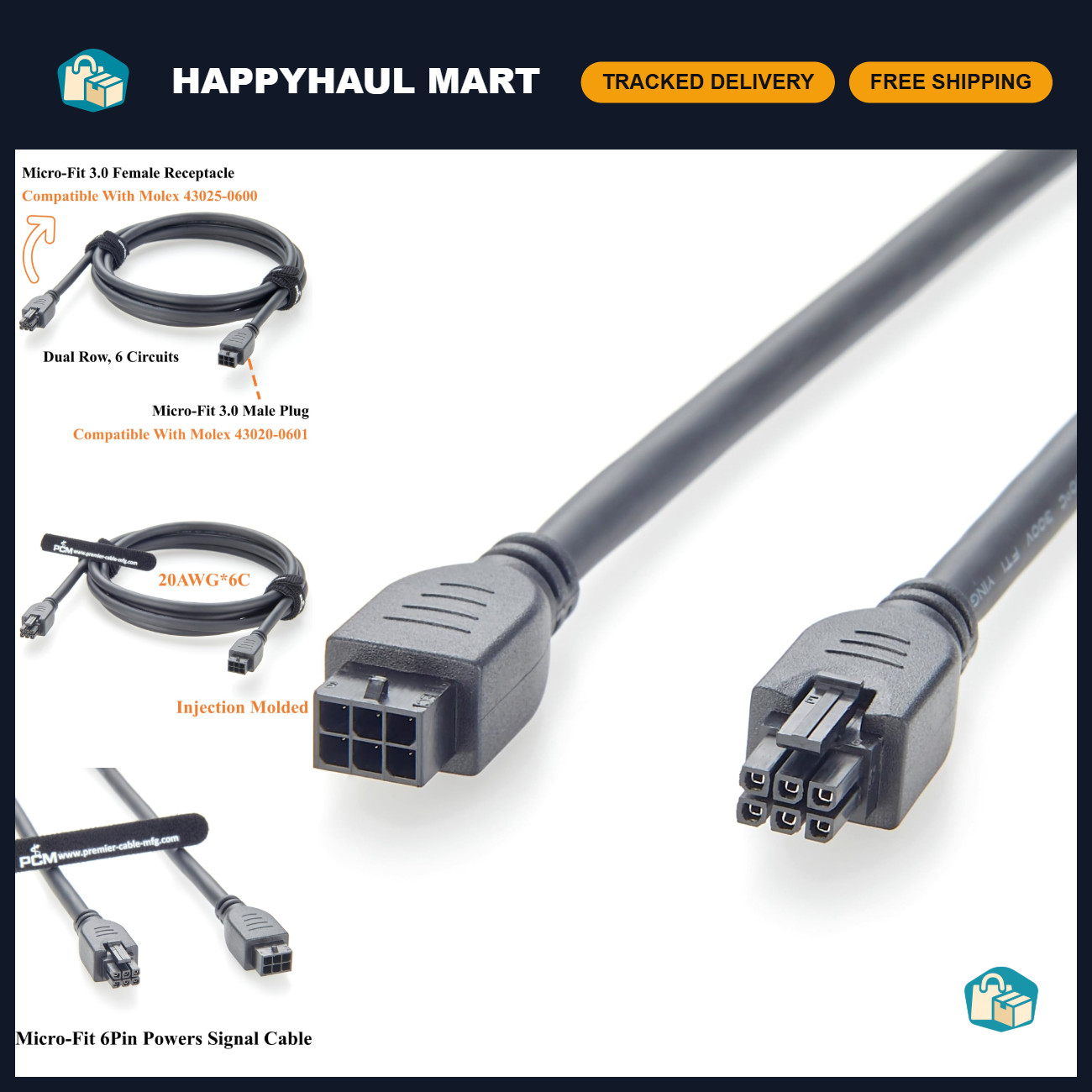 6 Pin Male to Female Cable, Dual Row 6 Circuits Power & Signal Connector, 2M/6.6