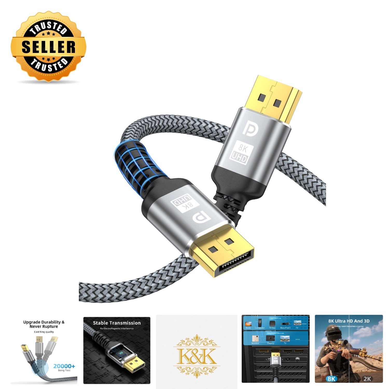 Nylon Braided 8K DisplayPort Cable 6.6ft - Durable, High Refresh Rate for Gamers