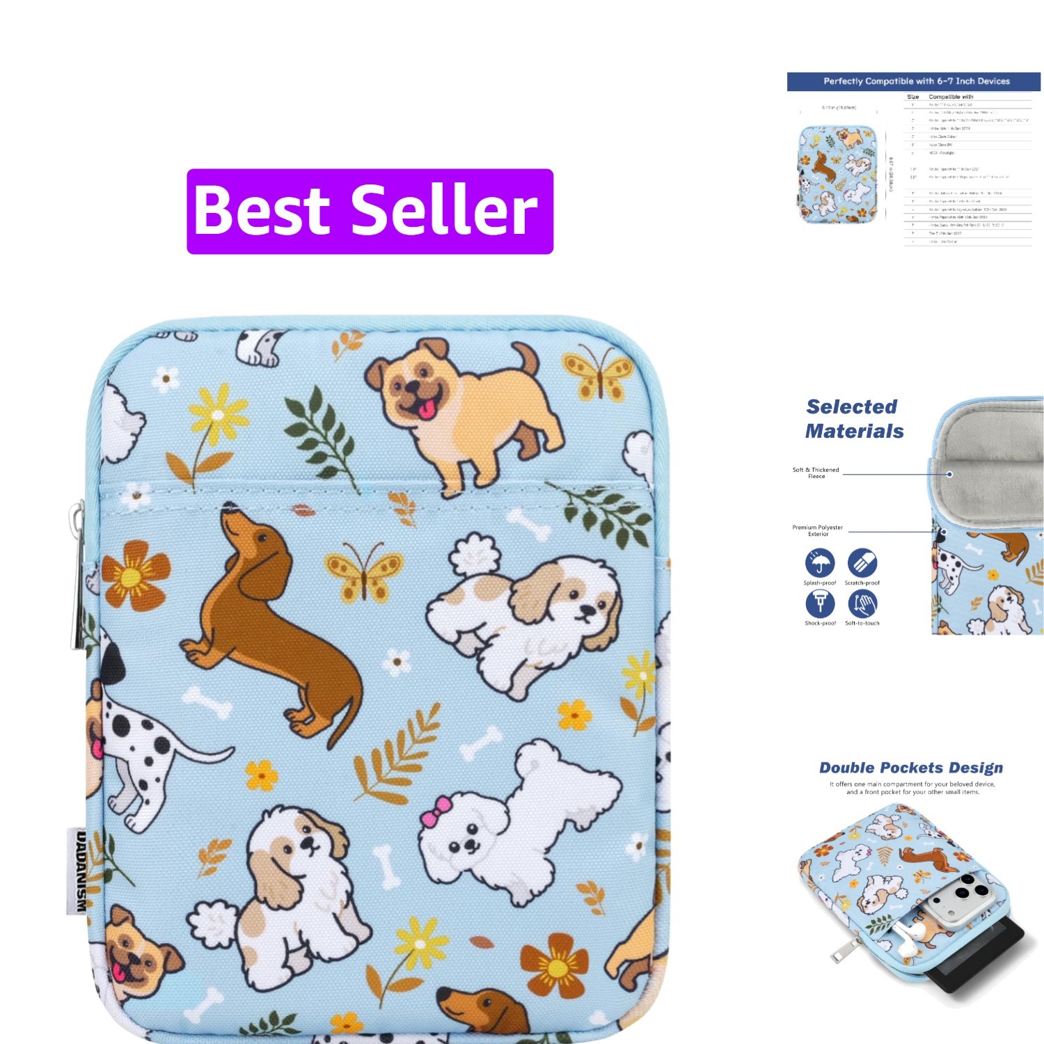 6-7 Inch Universal Padded Sleeve for eReader, Blue+Dog