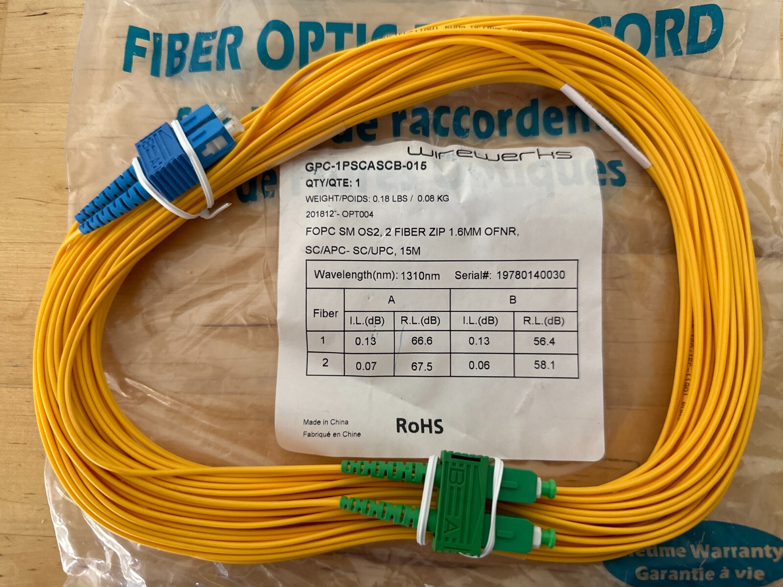Wirewerks GPC-1PSCASCB-015 FOPC SM OS2 2 Fiber Zip 1.6mm OFNR SC/APC-SC/UPC 15M