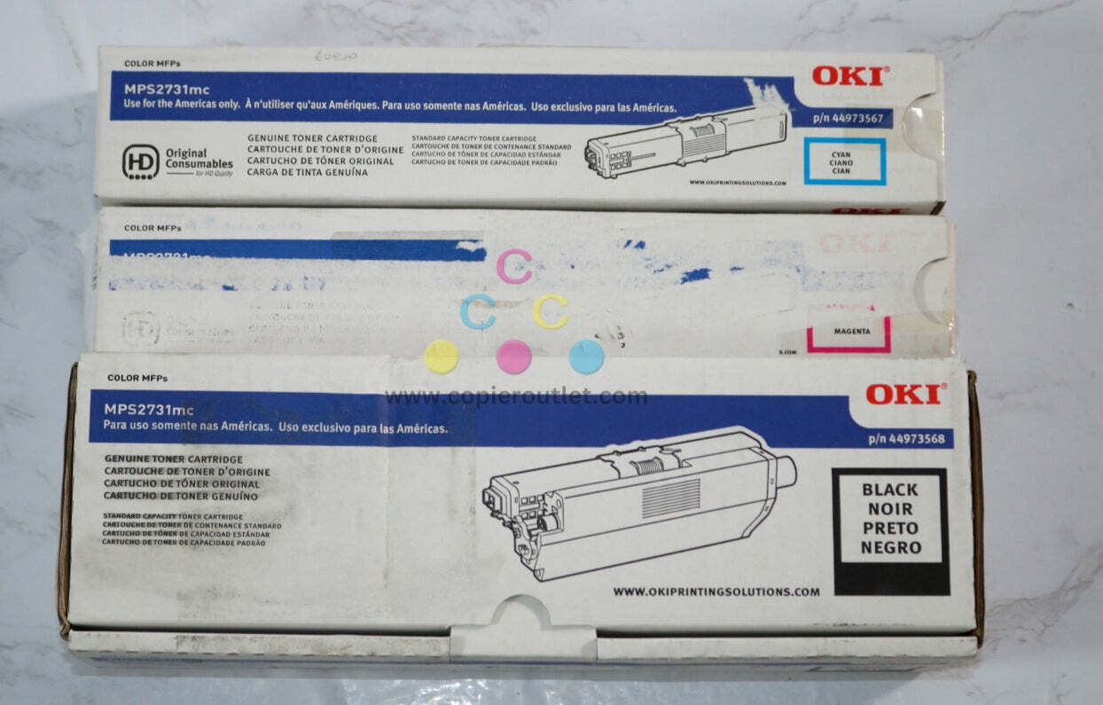 3 Cosmetic OEM OKI MPS2731mc CMK Toner Cartridges 44973566, 44973567, 44973568