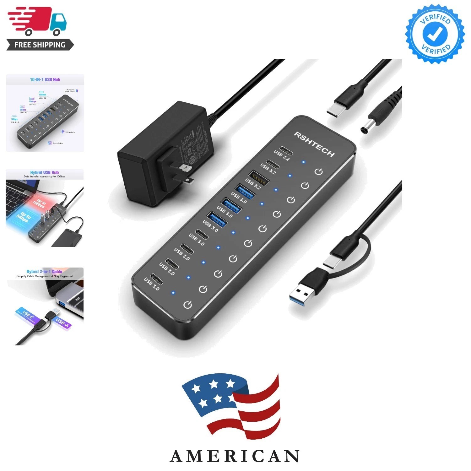 10 Ports Powered USB 3.2/USB C Hub Splitter 60W with 3 x 10Gbps USB 3.2 Ports...