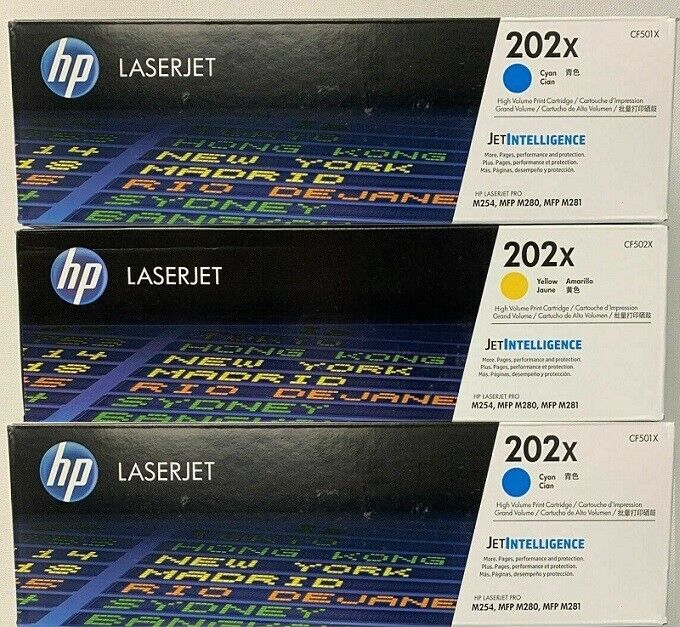 Set of 3 Genuine Sealed HP 202X Toner Cartridges CF501X Cyan CF502X Yellow