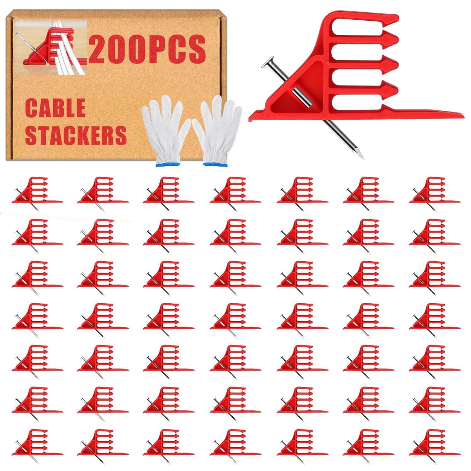 200Pcs Cable Stackers Clips with Steel Nails, Electrical Wire Staples for Multi